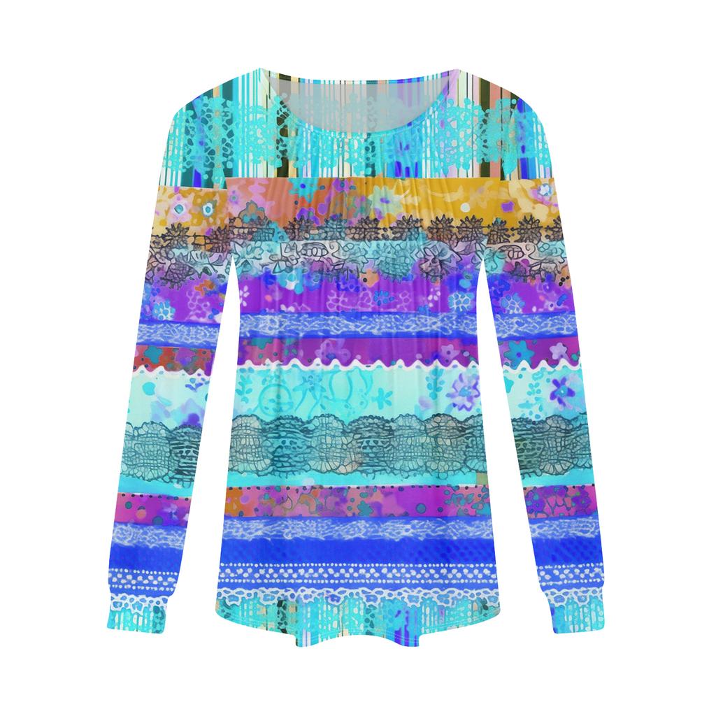 Damenmode Lässig Plissiert Rundhals Vintage Blumendruck Langarm T-Shirt Top