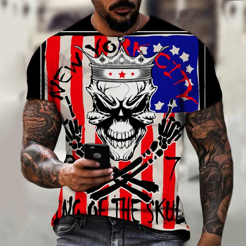 Men's 3D Printed T-Shirt Colorful Skull Pattern Print Short Sleeve O-Neck Pullover Casual Top