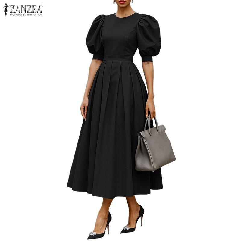 ZANZEA Damen Elegantes Puff-Kurzarm Freizeit-Langkleid
