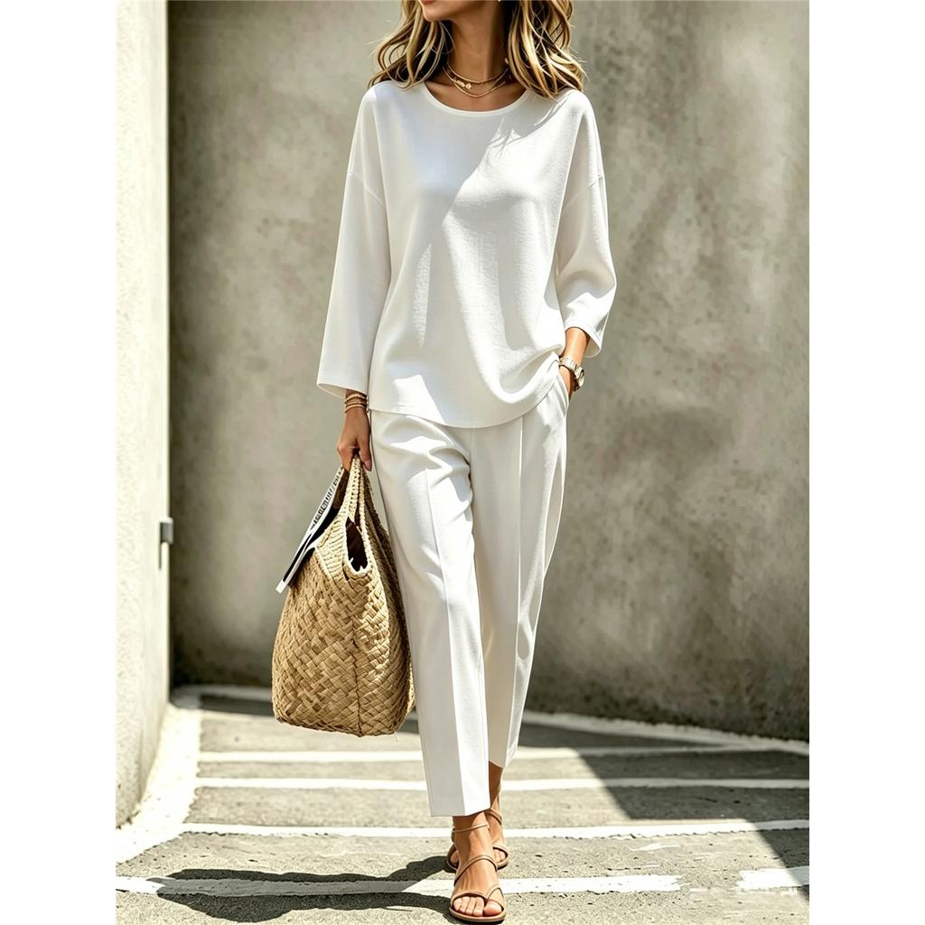 Women 2 Piece Outfit Solid Round Neck 3/4 Sleeve Top Cropped Wide Leg Pants Linen Casual Lounge Suit
