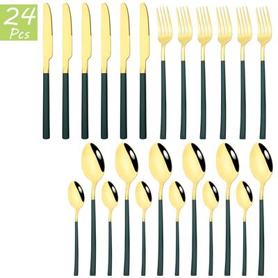 24 Pz/set Oro Verde Piatti E Posateria Set Posate In Acciaio Inox Coltelli Forchette Cucchiaio Da Caffè Stoviglie Casa Posate Da Cucina Argenteria