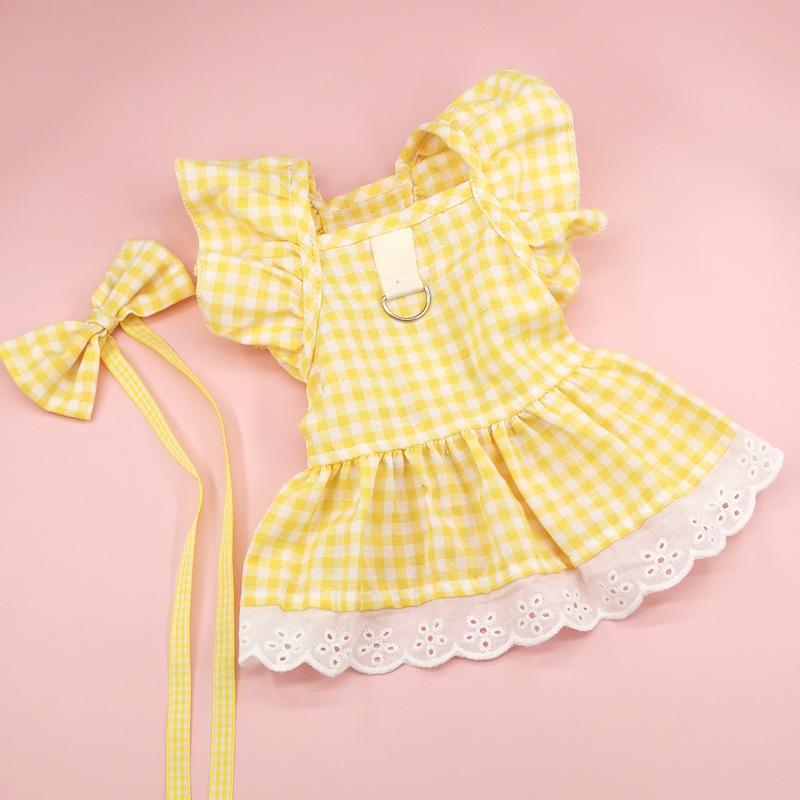 Dog Dress with Plaid Lace Trim for Small Medium Dogs - Checkered Pattern Princess Pet Apparel