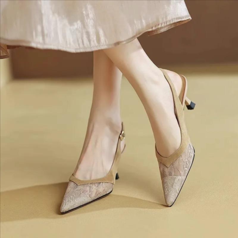 Fashion Summer New Pointed Toe Stiletto Woven Mesh Lace Back Empty Wrapped Head Temperament High Heels Sandals Women