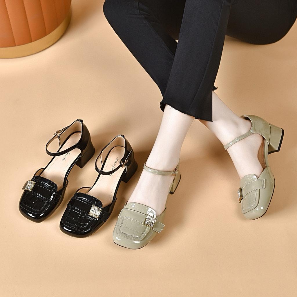 Medium Heel Sandals Women's Summer New Square Head Hollow Sandals Square Buckle Rhinestone Word with Thick Heel Sandals