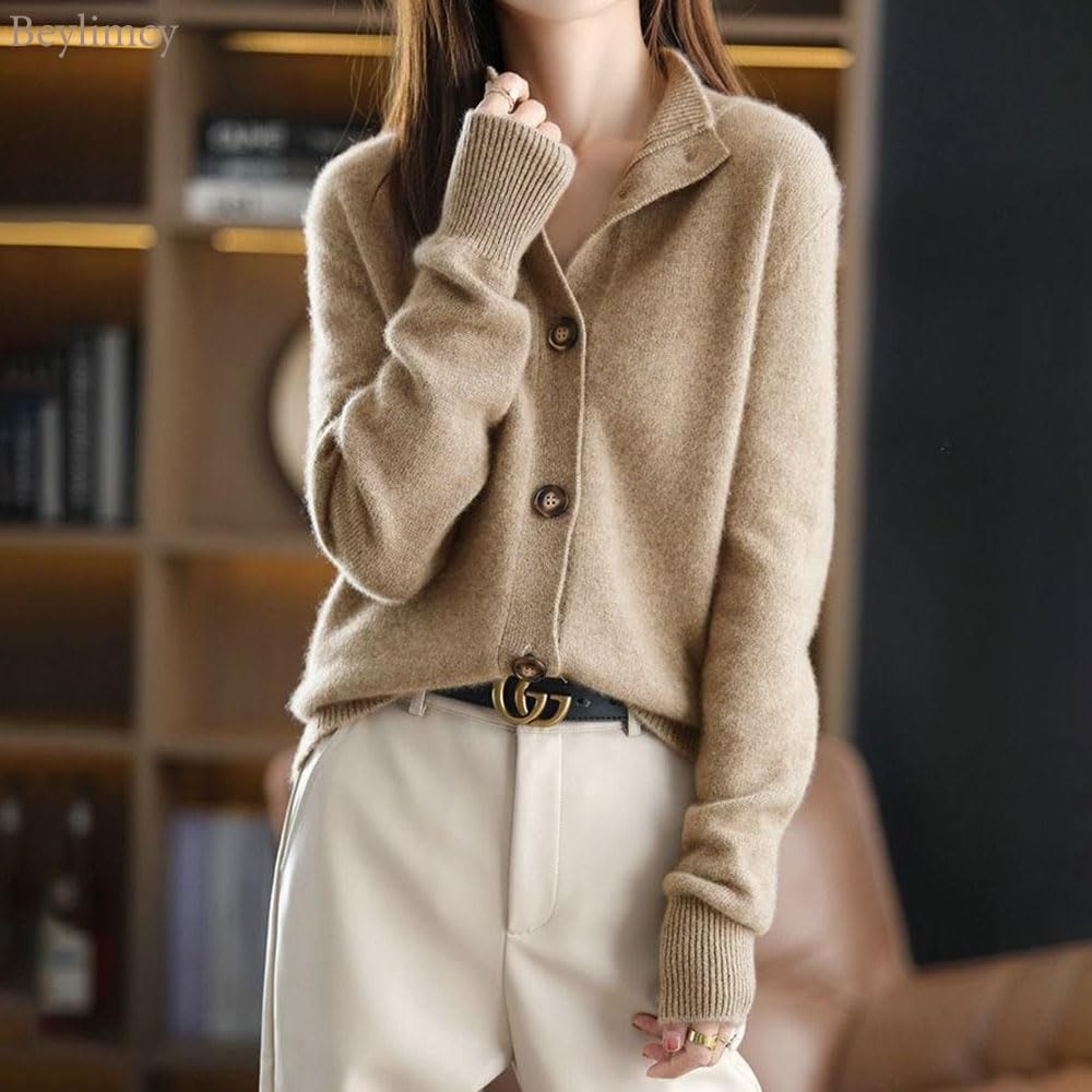 Beylimcy Knit Bey56 Women's Cardigan, Slimming, Stylish, Warm, Fluffy, Simple, Autumn/Winter Top, (JP, Alphabet, L, Beige)