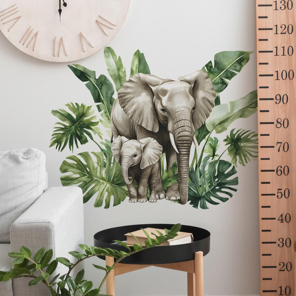 2 Pcs Jungle Leaf Parent Baby Elephant Bedroom Living Room Home Background Beautification Wall Stickers