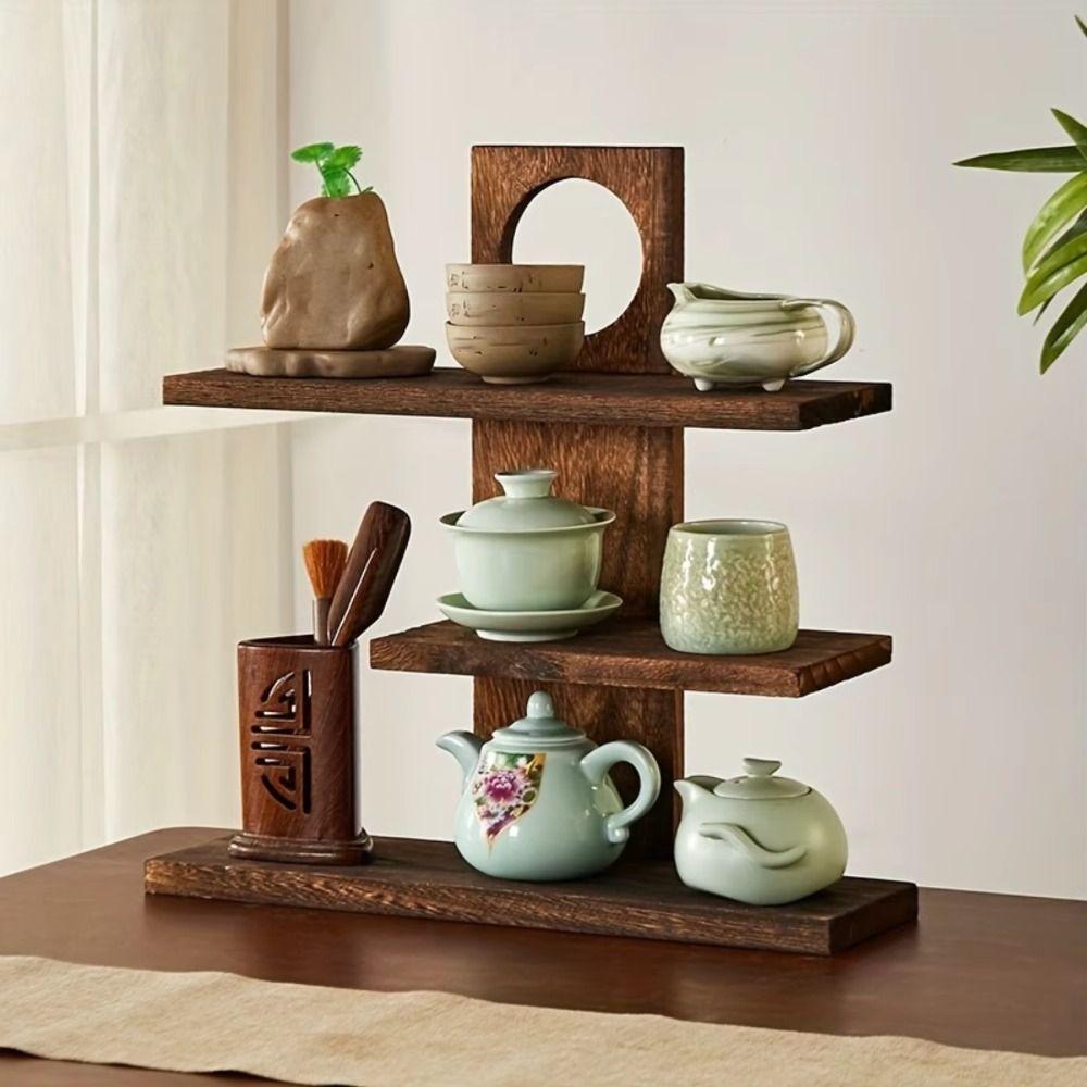 3-4 Layers Tea Cup Display Shelf Retro Design Wooden Tea Set Rack Bedroom Organization