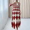 Women's Print Dress Spring Summer Diamond Print High-end Pleated Dress V-neck Long Dress