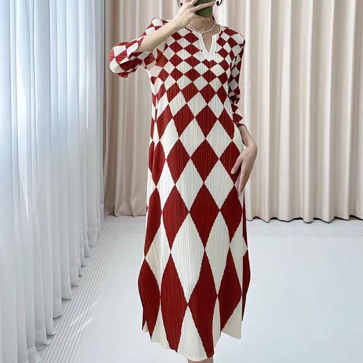 Women's Print Dress Spring Summer Diamond Print High-end Pleated Dress V-neck Long Dress