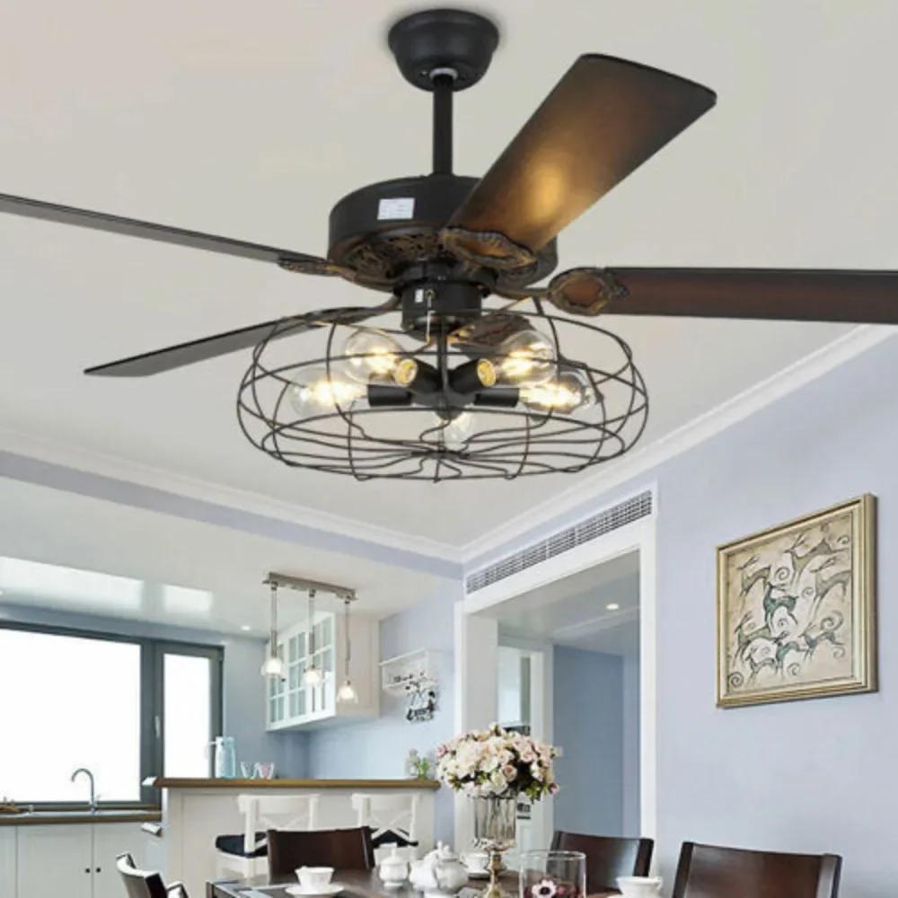 

Bymaocar 52in Rustic Edison Industrial 3 Speed Ceiling Fan Cage Light E27 w/ Remote Control, High-quiet Motor, Reversible Blade 110-120V