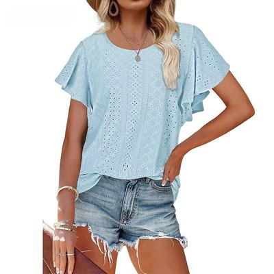 Women's Top Hollowed Out Belted Round Neck Lotus Leaf Sleeves Casual T-shirt Women