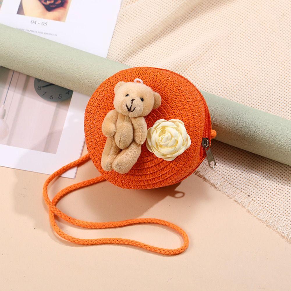 

Large Capacity Women s Beach Woven Bag Shoulder Bag Woven Coin Purse bear pink