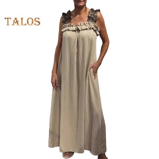Women's Sleeveless Maxi Dress Ruffle Strap Square Neck Long Dress Casual Boho A-line Dress with Pocket Summer Beach Sundress