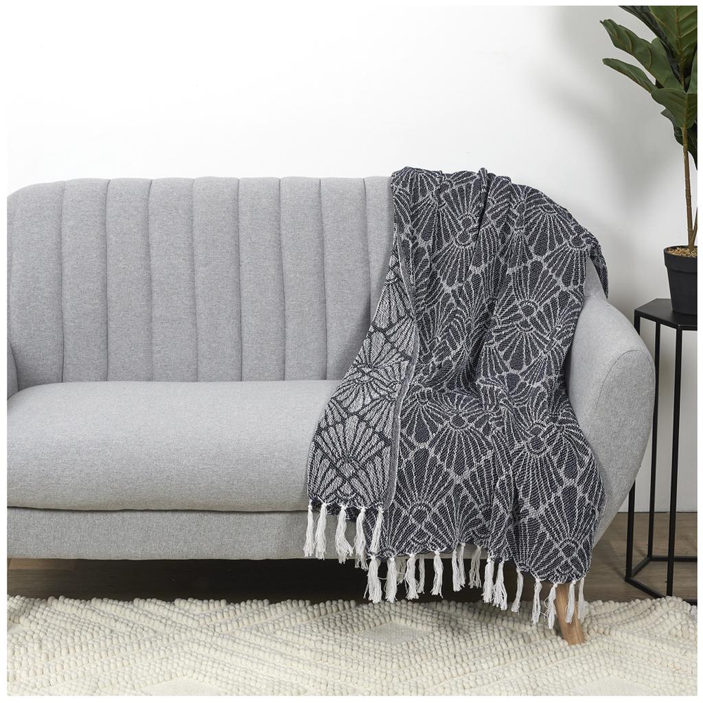 Les Trésors De Lily [A3529] – Geometrisch marineblauer „Boho“-Jacquard-Überwurf aus Baumwolle – 120 x 150 cm