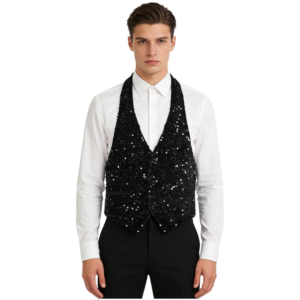 Gilet da uomo con paillettes e velluto, con scollo all'americana, schiena scoperta, scollo a V, chiusura a bottoni, taglie M-4XL per Festa da Ballo, Cocktail, Ballo di Fine Anno