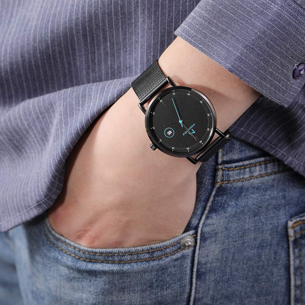 2020 Latest Model Analog Watch Men's Date Ultra-Thin Simple 6MM Mesh Band Unisex Gift Black Waterproof