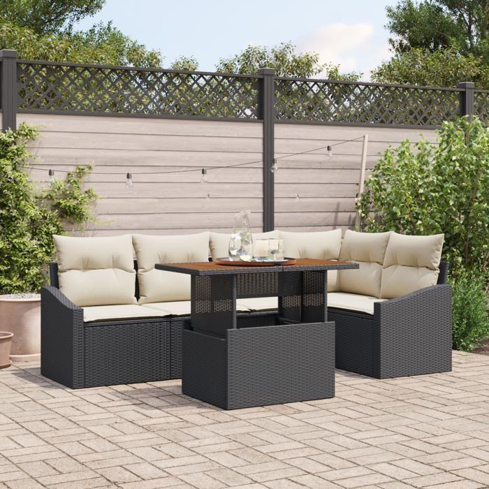VidaXL Ensemble de dining jardin 6 pièces avec coussins noir en poly rattan et acacia 3349837