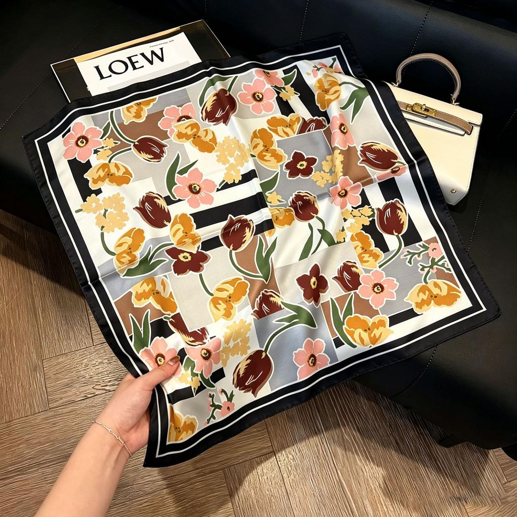 71Cm New Chinese Simulation Silk Square Scarf Soft and Skin-friendly Ink Flower Rhyme Printing Silk Scarf Neck Sunscreen Small Scarf