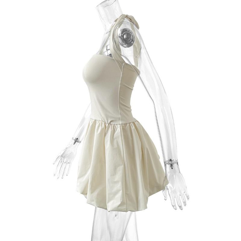 Women's Summer Pleated Backless Sexy Lace Up One Line Neck Princess Dress