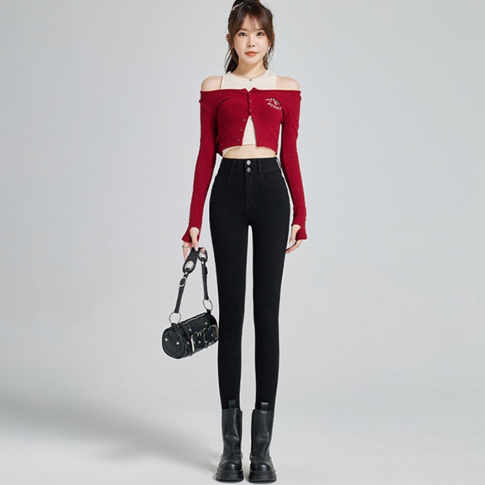 

Double-button skinny jeans, slim and thin, new high-waisted elastic small-footed pencil pants in autumn and winter 2025 26 чорний