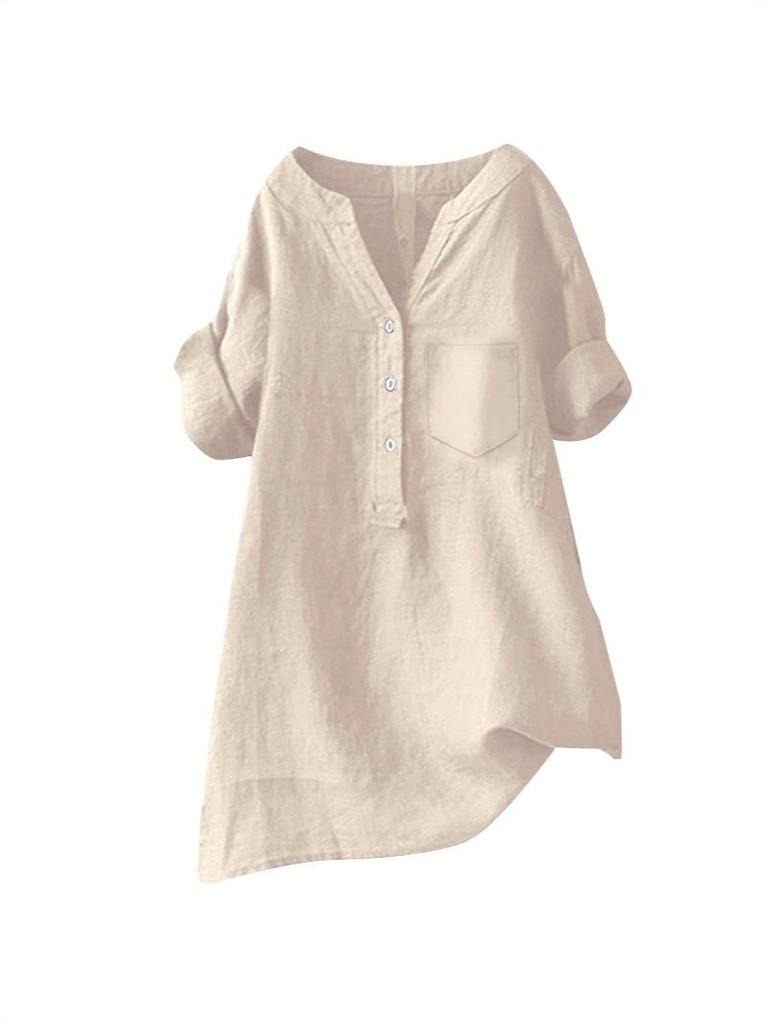 Europäisches und amerikanisches Langarm-Top aus Baumwoll-Leinen mit Stehkragen und Knopfleiste (Modelljahr 2025)