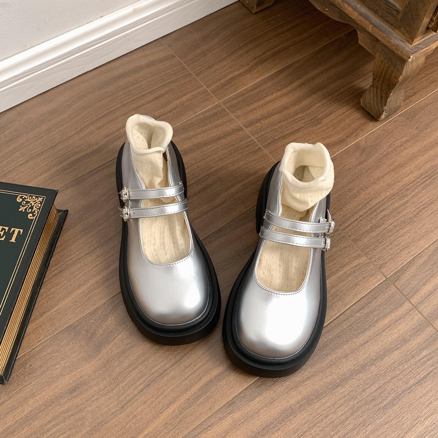 

Ретро серебристые туфли-лодочки на толстом каблуке и платформе в британском стиле, женские, 2025, новая летняя модель, туфли Мэри Джейн для увеличения роста под юбку 40 серебряный