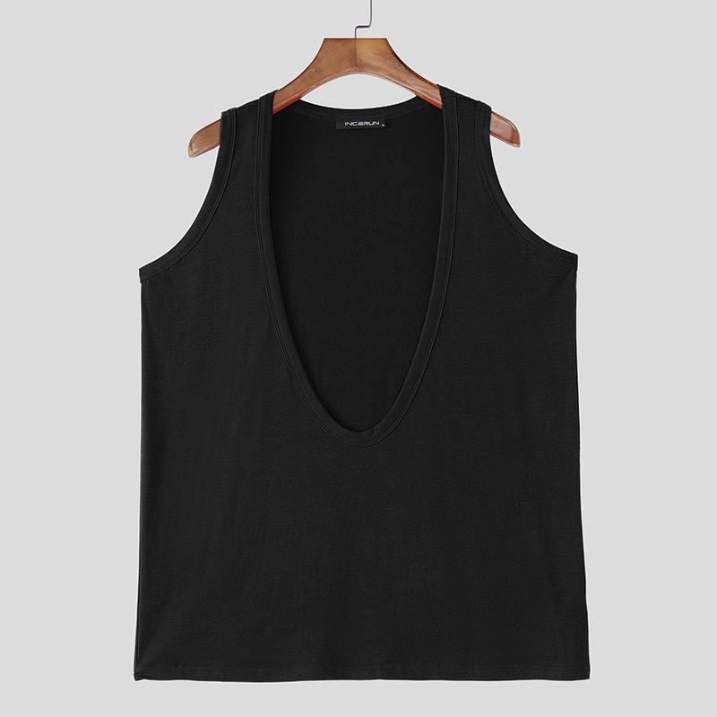 INCERUN Летние Мужские Глубокий V-образный Вырез Без Рукавов Спортивные Повседневные Свободные Майки M чёрный