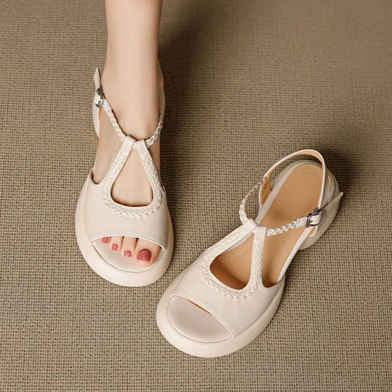 Fairy wind thick-soled thick-heeled sandals summer new woven versatile soft-soled high-heeled fish-mouth shoes