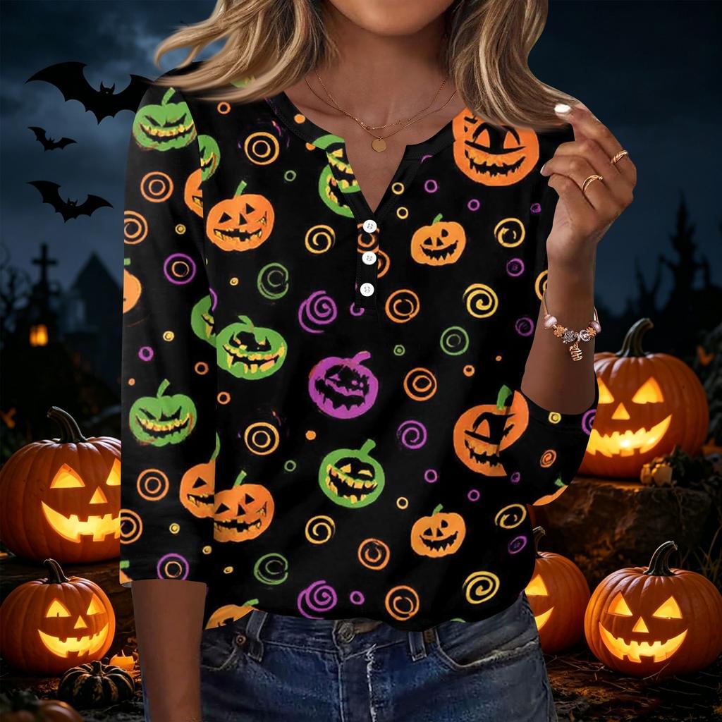 Women's Casual Halloween Pumpkin Print V Neck Button Front Three Quarter Sleeve T Shirt Top for Fall Seasonal Wear