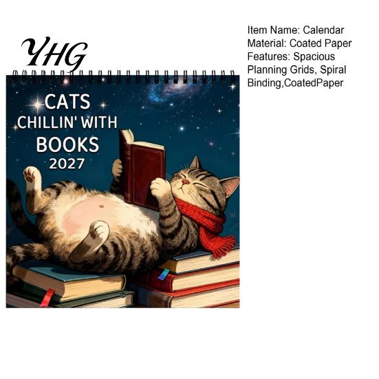 Academic Year Wall Planner 2027 Reading Cat Calendar, 7.87 x Inch Monthly Hanging Large Writing Grid with Thickened Paper And Spiral Binding for Home