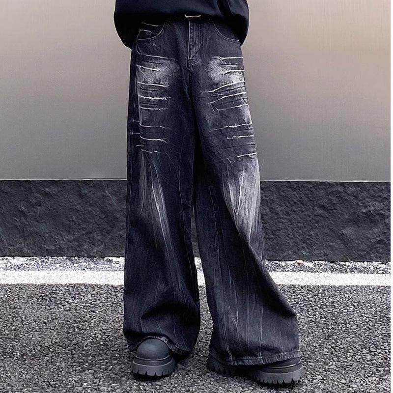 

American Retro Wide-Leg Jeans with Washed Lightning Flower Design 3XL [Premium Quality]