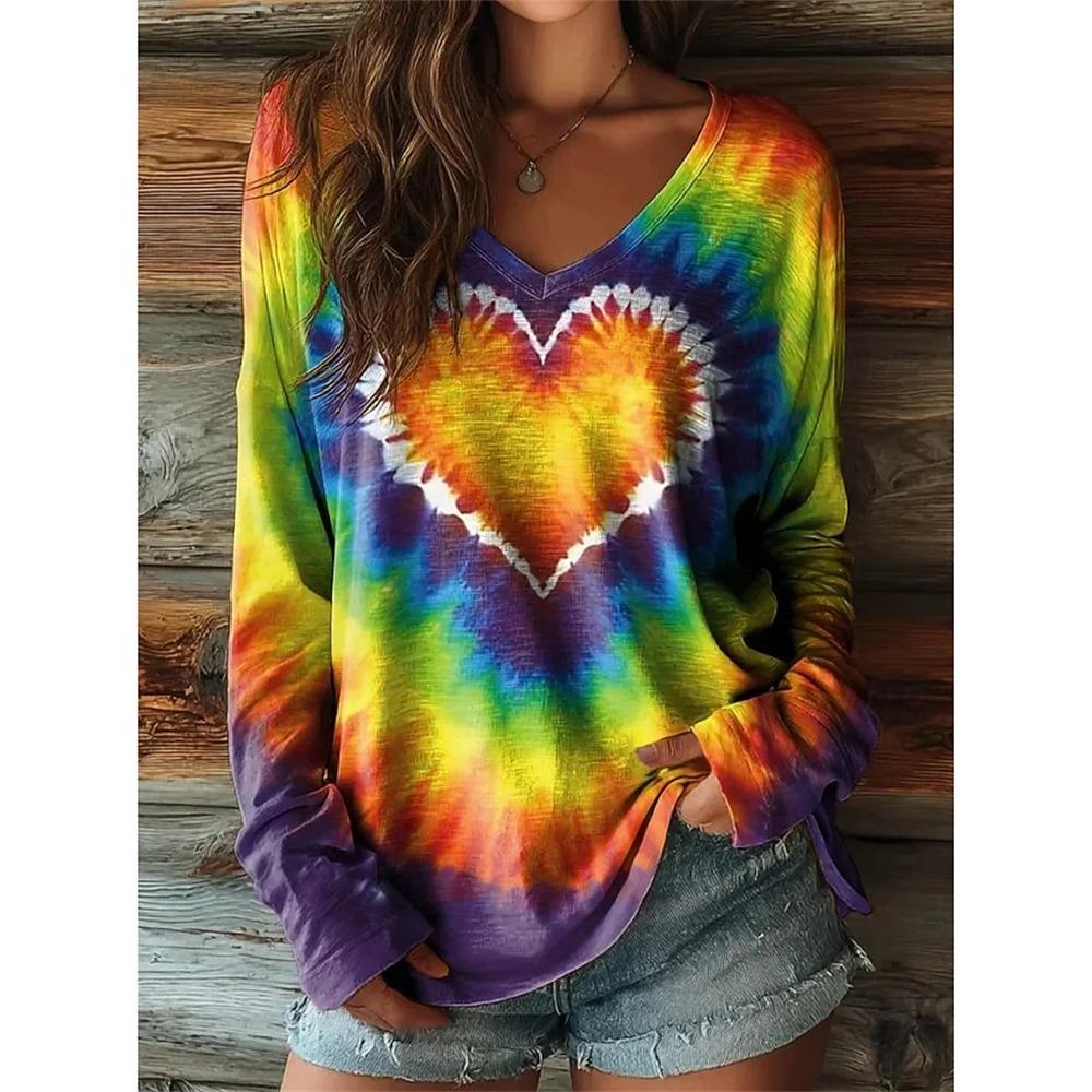 Women's Autumn Long-Sleeve T-Shirt V-Neck Loose Fit Patchwork Style with Irregular Geometric Print Trendy Street-Style Top