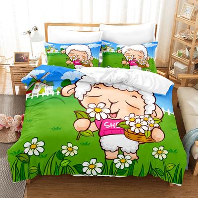 Cartoon Sheep Duvet Cover Set Cute White Sheep Flowers Pattern King Queen Full Size for Kids Boy Girl Gift Polyester Bedding Set