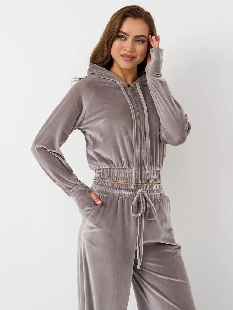 Women's Casual Zip-Up Hoodie with Drawstring Pants 2-Piece Set, Solid Color Silver Fox Fleece Tracksuit