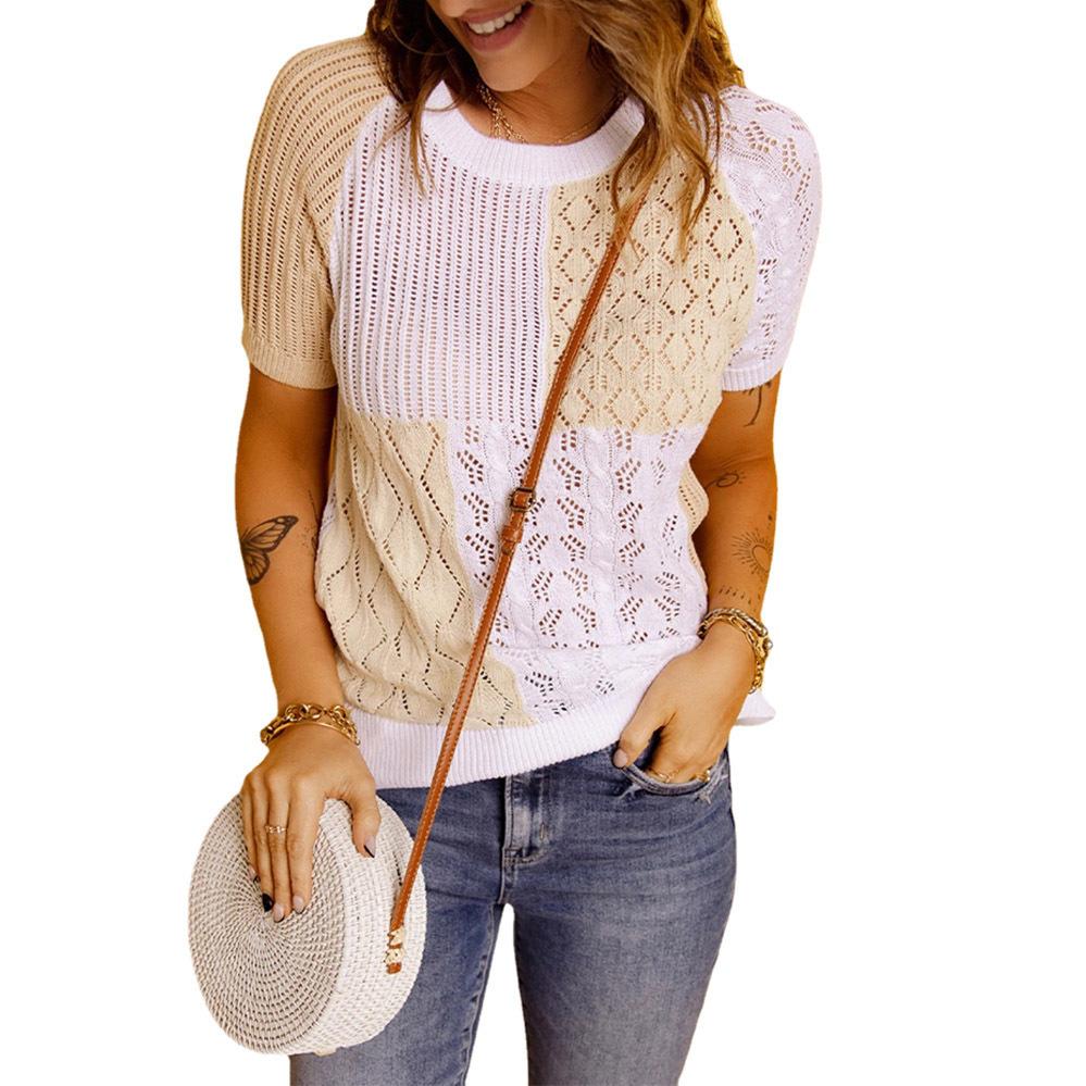 Summer Women Fashion Color Stitching Knitted T-shirt Loose Hollow Casual Tee