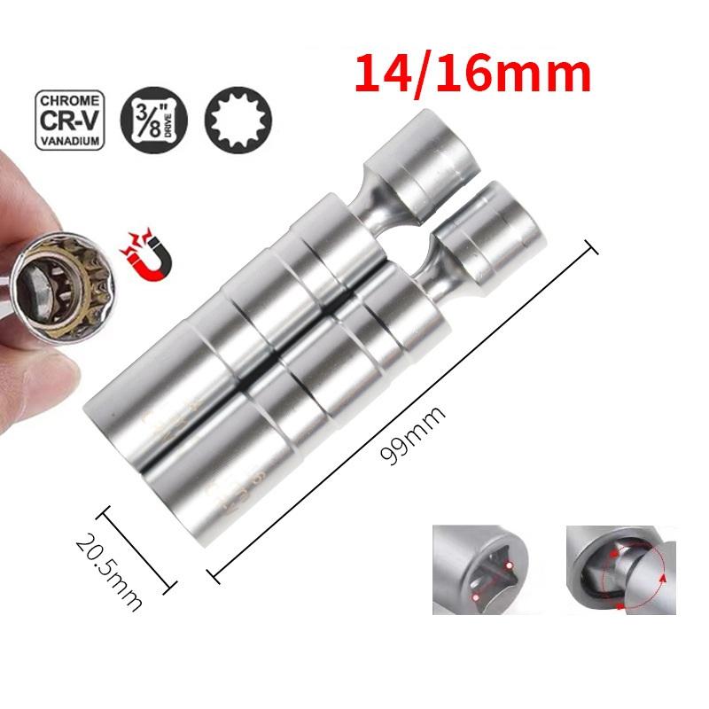 Spark Plug Socket Wrench Adapter 14mm16mm Set Universal Joint With Magnetic Flexible Socket Thin Wall 3/8" Drive Car Repair Tool