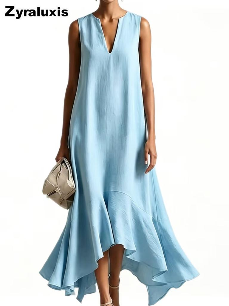 New Fashion Deep V Neck Sleeveless Slim Fit A-Line Dress with Irregular Hem