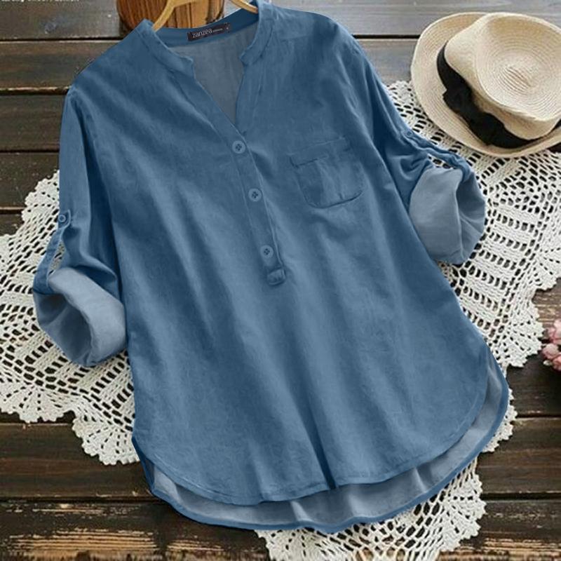 

ZANZEA Женская повседневная однотонная блузка с V-образным вырезом и рукавом 3/4 4XL