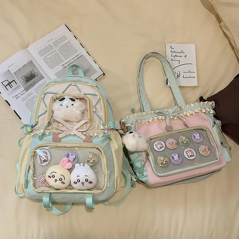 New Schoolbag Female High-value Contrasting Color College Style Junior High School Student Backpack Ballet Style Pleated Lace Pain Bag