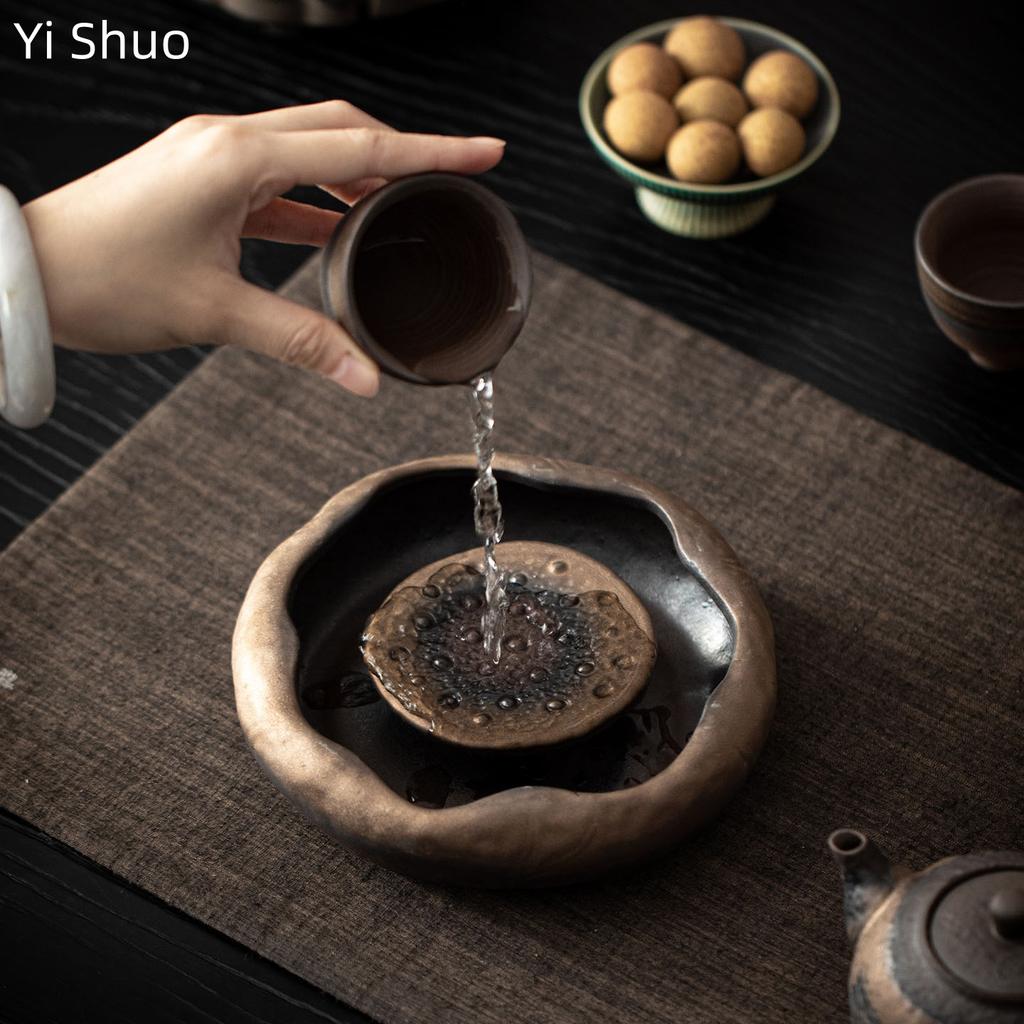 Lotus Pond Teapot Holder Retro Water Storage Small Tea Tray Coarse Pottery Tea Tray Tea Set Heat Insulation Mat Serving Tray