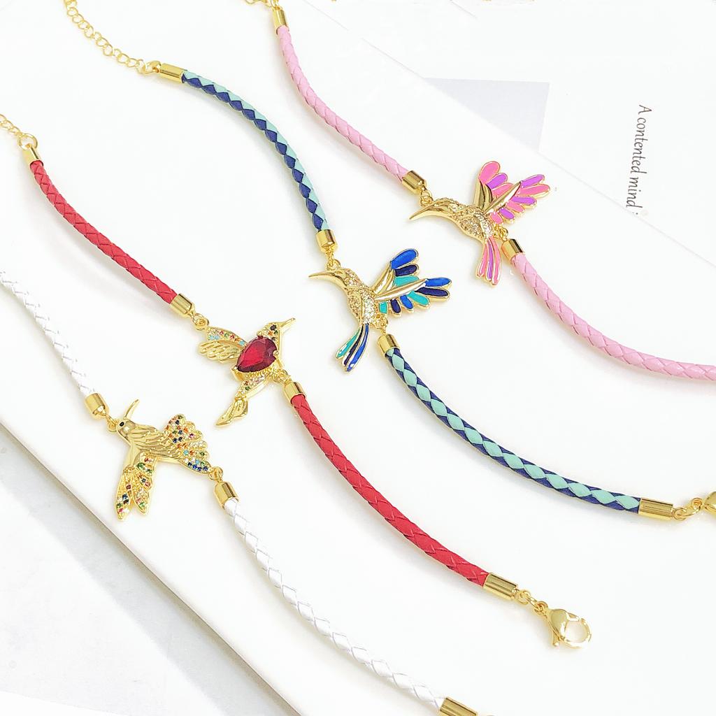 Hot Sale Zircon Hummingbird Leather Rope Braided Bird Bracelet New Fashion for Women Girls Daily Party Wear Gold-Plated Jewelry