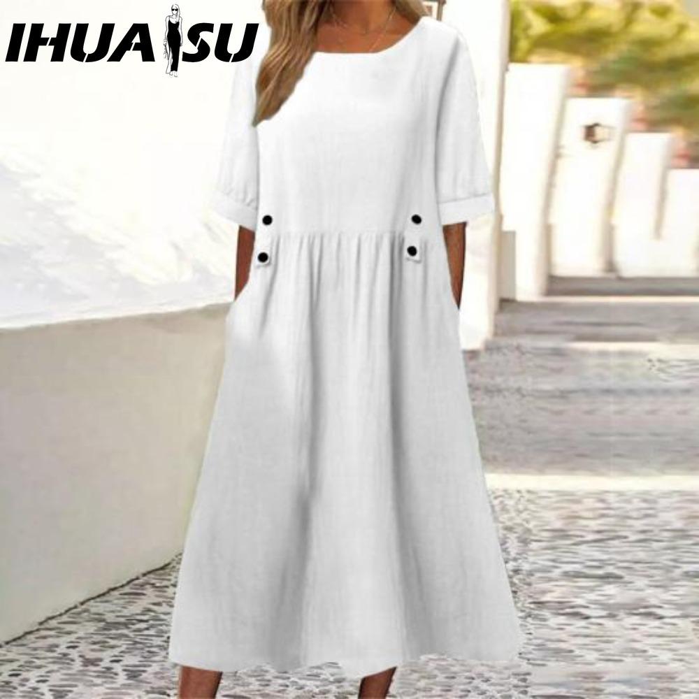 

IHUASU Женское миди-платье свободного кроя, двойные карманы, пуговичная отделка, круглый вырез, короткий рукав, летнее бохо-платье для работы XXL белый