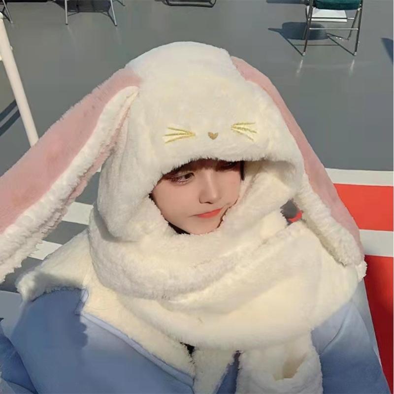3in1 Winter Hat Glove Scarf Set Warmer Soft Plush Cartoon Rabbit Hat for Student