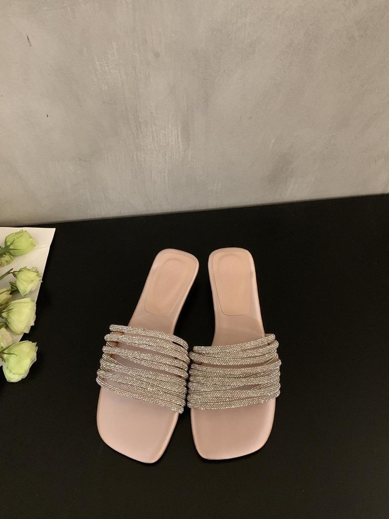 French rhinestone one-word open-toed sandals for women's summer wear 2025 new fairy style temperament square heel sandals