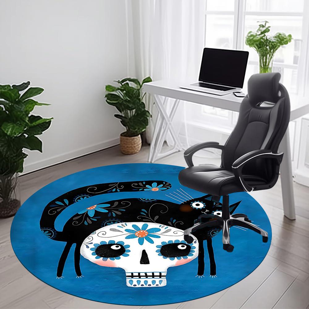 1PCSugar Skull Cat Office Round Area Rug,  Mat Suitable For Office, Under Office Chairs Bedroom Living Room Home Decor, Room Deco