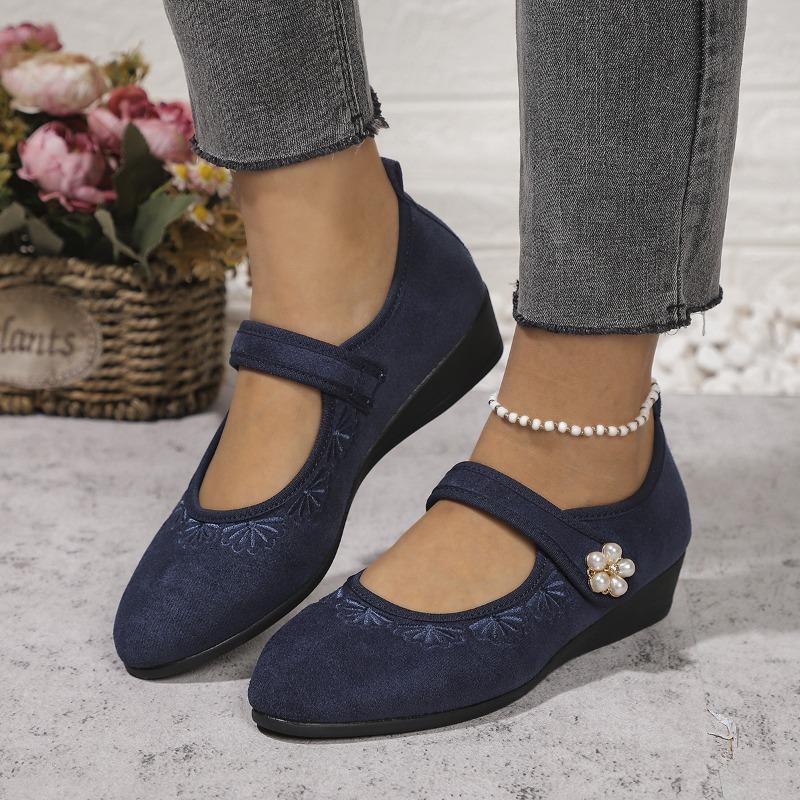 Damen Frühling Neue Mode Ethnische Stil Stickerei Schuhe Atmungsaktiv Keilabsatz Weiche Sohle Rutschfest Lässig Stoffschuhe Damen