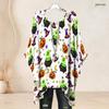 Women Plus Size Round Neck Batwing Sleeve Loose Halloween Printed White Top Side Slit Hem