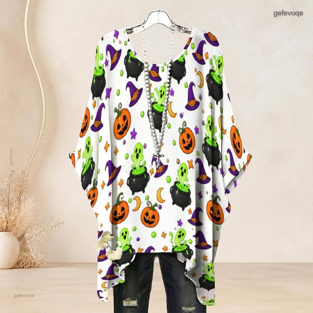 Women Plus Size Round Neck Batwing Sleeve Loose Halloween Printed White Top Side Slit Hem