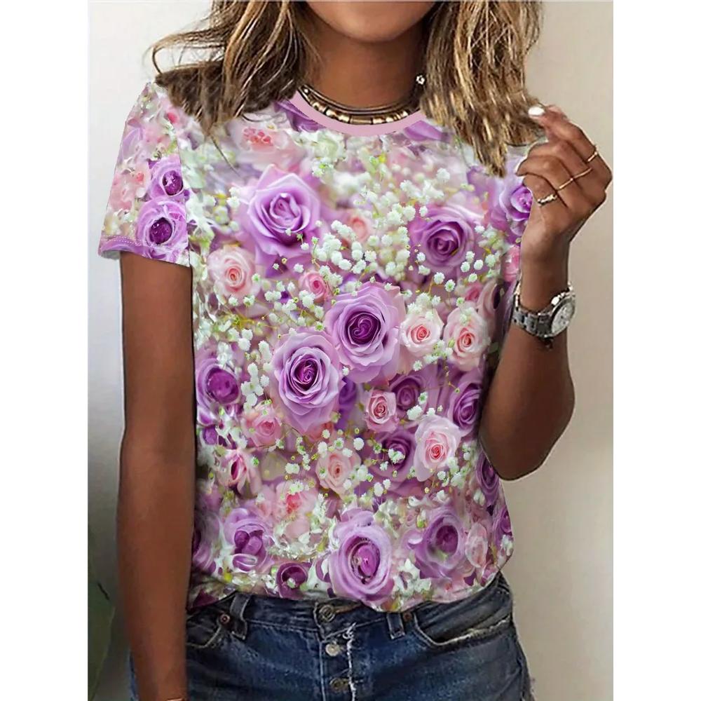 Daily Comfort Versatile Flower Print Women's Top Short Sleeve Fashion Loose T-Shirts Women’s