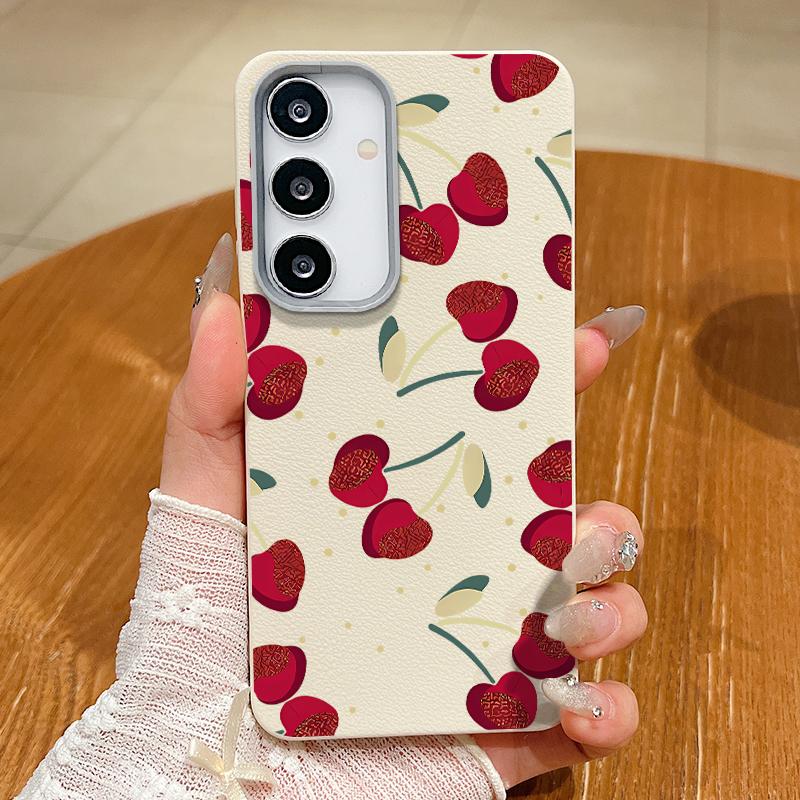 Cute Cherry Pattern TPU Leather Texture Slim Magnetic Case For Samsung S25 Ultra S24 FE S23 S22 S21 Wireless Charge Matte Shockproof Soft Phone Cover